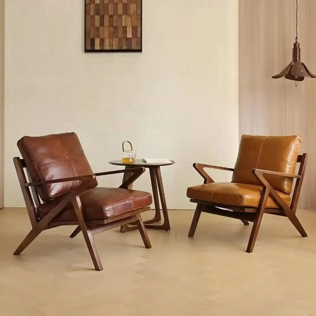 Fauteuil en cuir pleine fleur, style moderne du milieu du siècle, structure en bois