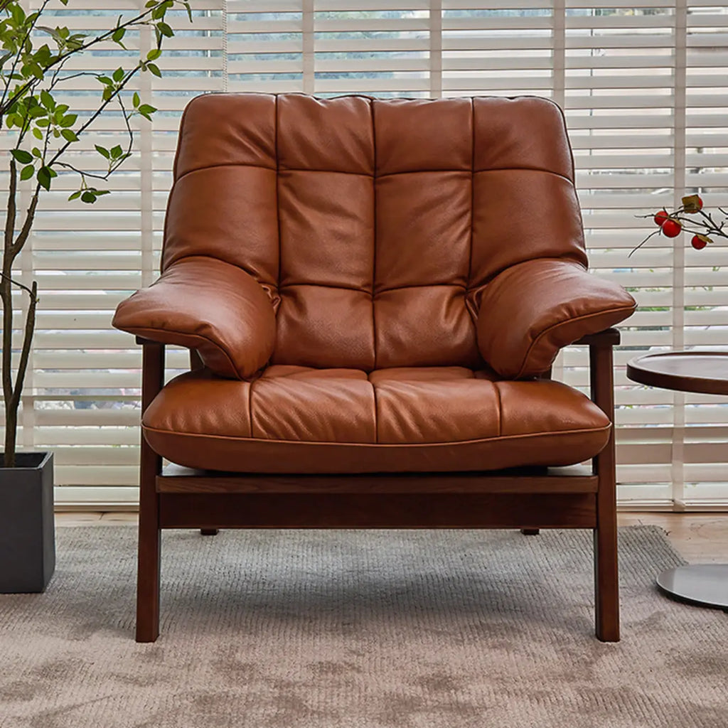 Fauteuil d'appoint de salon en cuir véritable rembourré marron