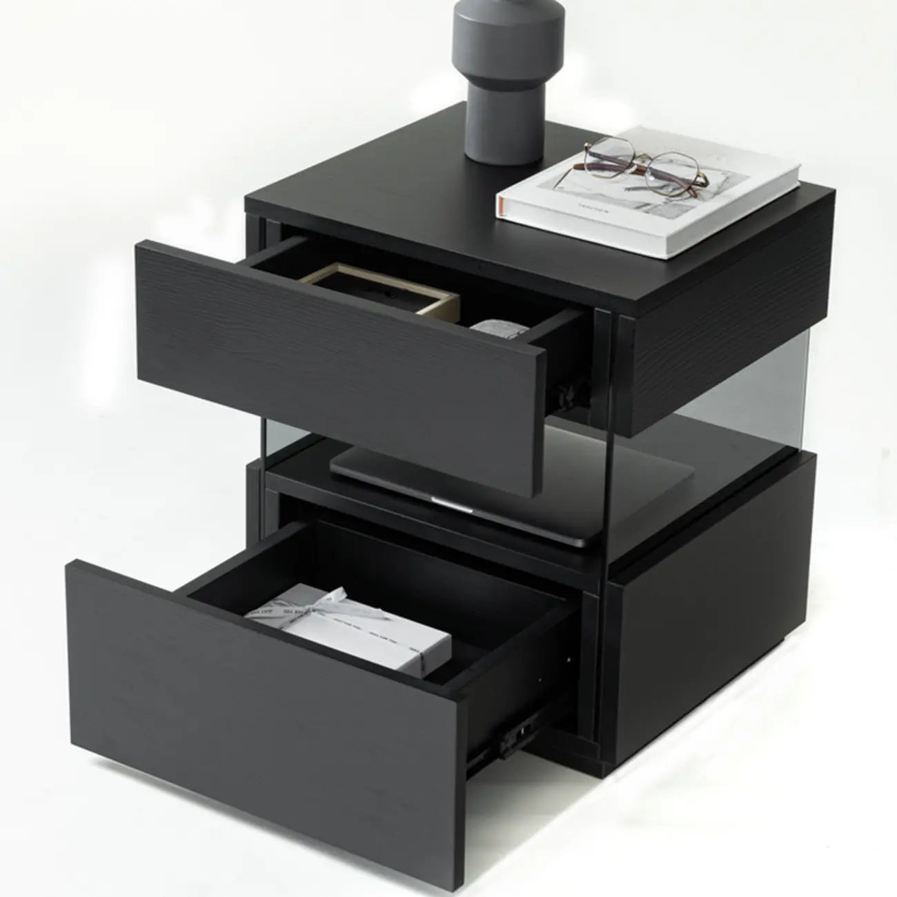 Table de chevet basse moderne en bois noir avec tiroirs