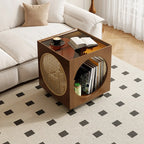 Table d'appoint carrée en bois avec plateau en verre et roulettes, style moderne du milieu du siècle