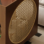 Table d'appoint carrée en bois avec plateau en verre et roulettes, style moderne du milieu du siècle