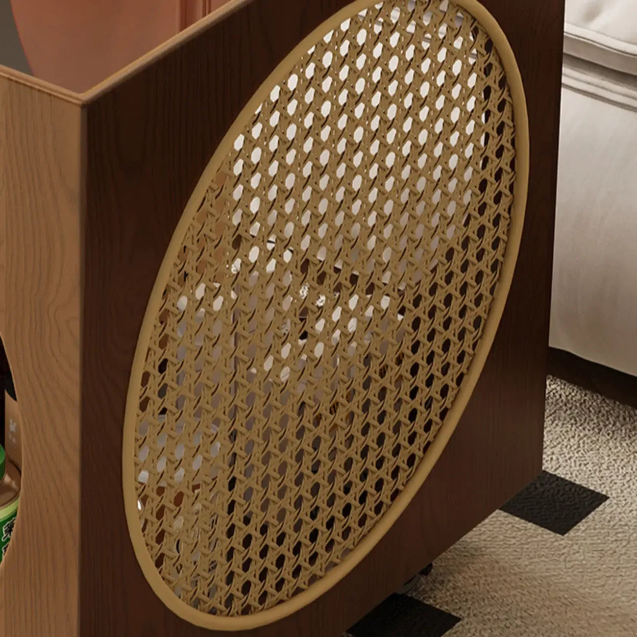 Table d'appoint carrée en bois avec plateau en verre et roulettes, style moderne du milieu du siècle