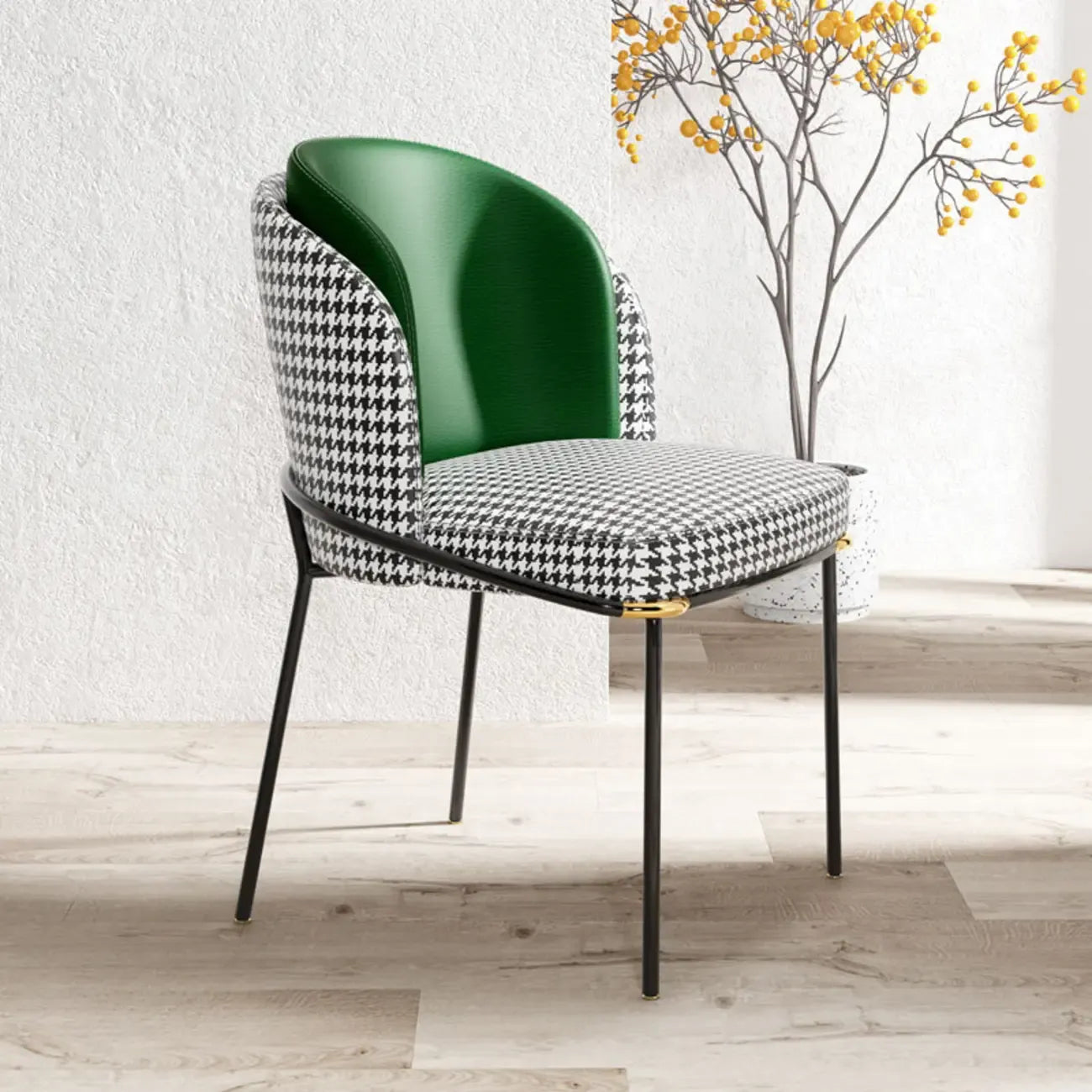 Chaise de salle à manger rembourrée à dossier incurvé et motif pied-de-poule