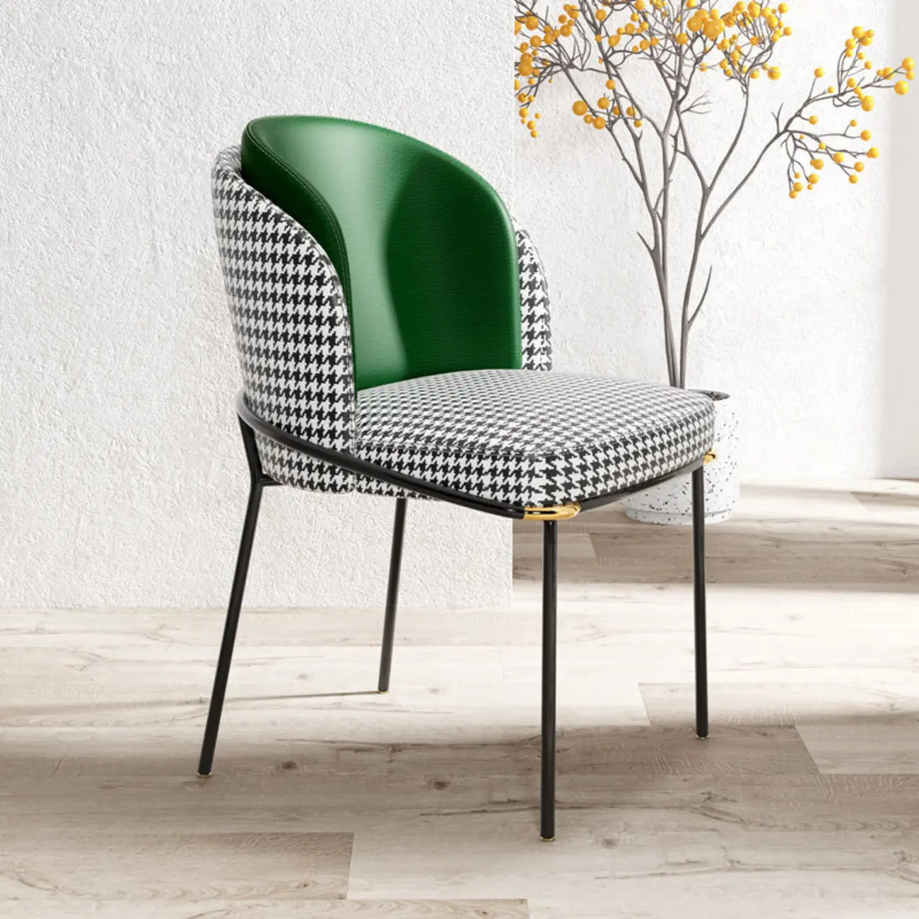 Chaise de salle à manger rembourrée à dossier incurvé et motif pied-de-poule