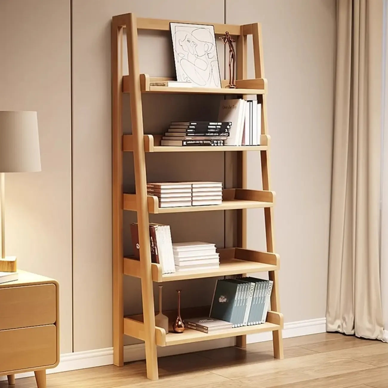 Bibliothèque échelle à plusieurs niveaux en bois de noyer, style moderne du milieu du siècle