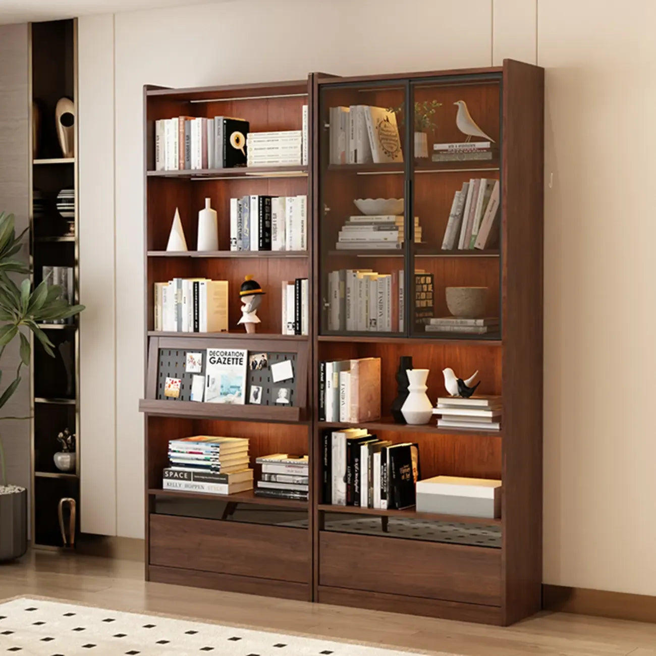 Bibliothèque verticale haute en bois brun de style milieu du siècle avec tiroirs