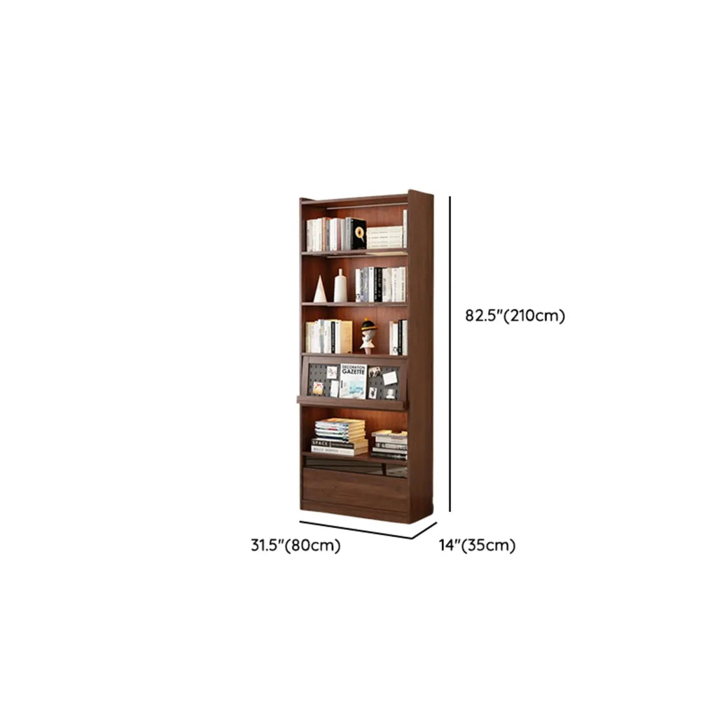 Bibliothèque verticale haute en bois brun de style milieu du siècle avec tiroirs