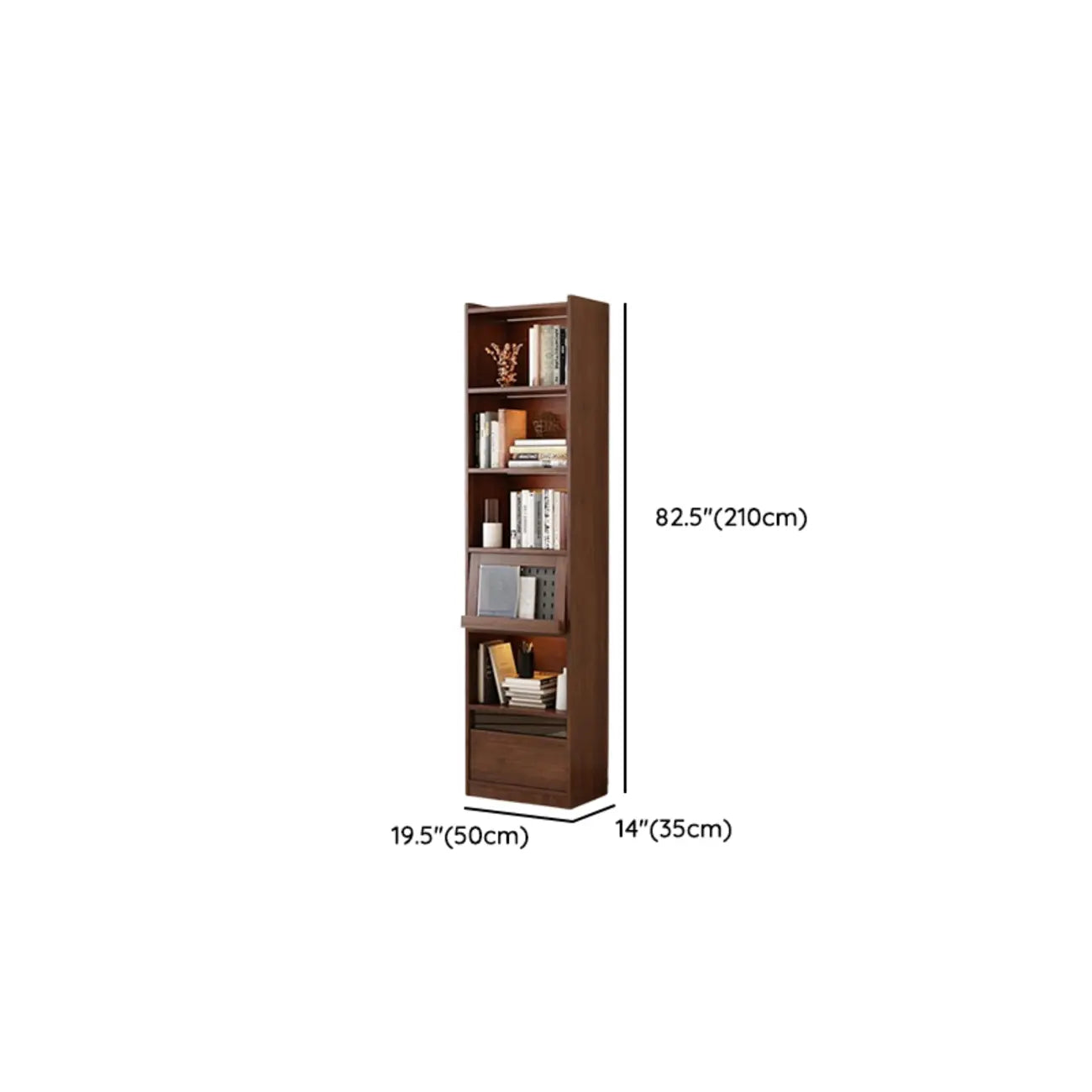 Bibliothèque verticale haute en bois brun de style milieu du siècle avec tiroirs