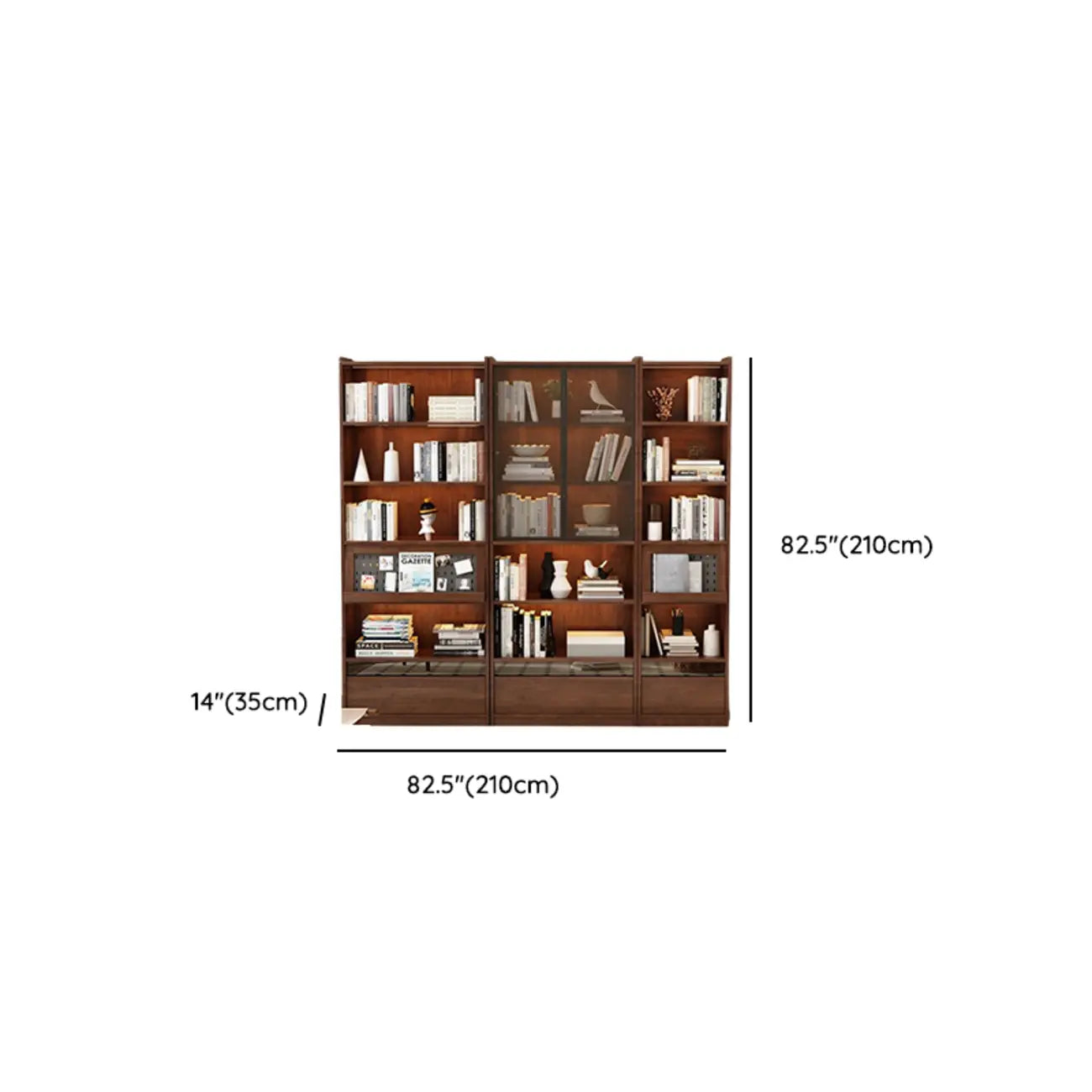 Bibliothèque verticale haute en bois brun de style milieu du siècle avec tiroirs