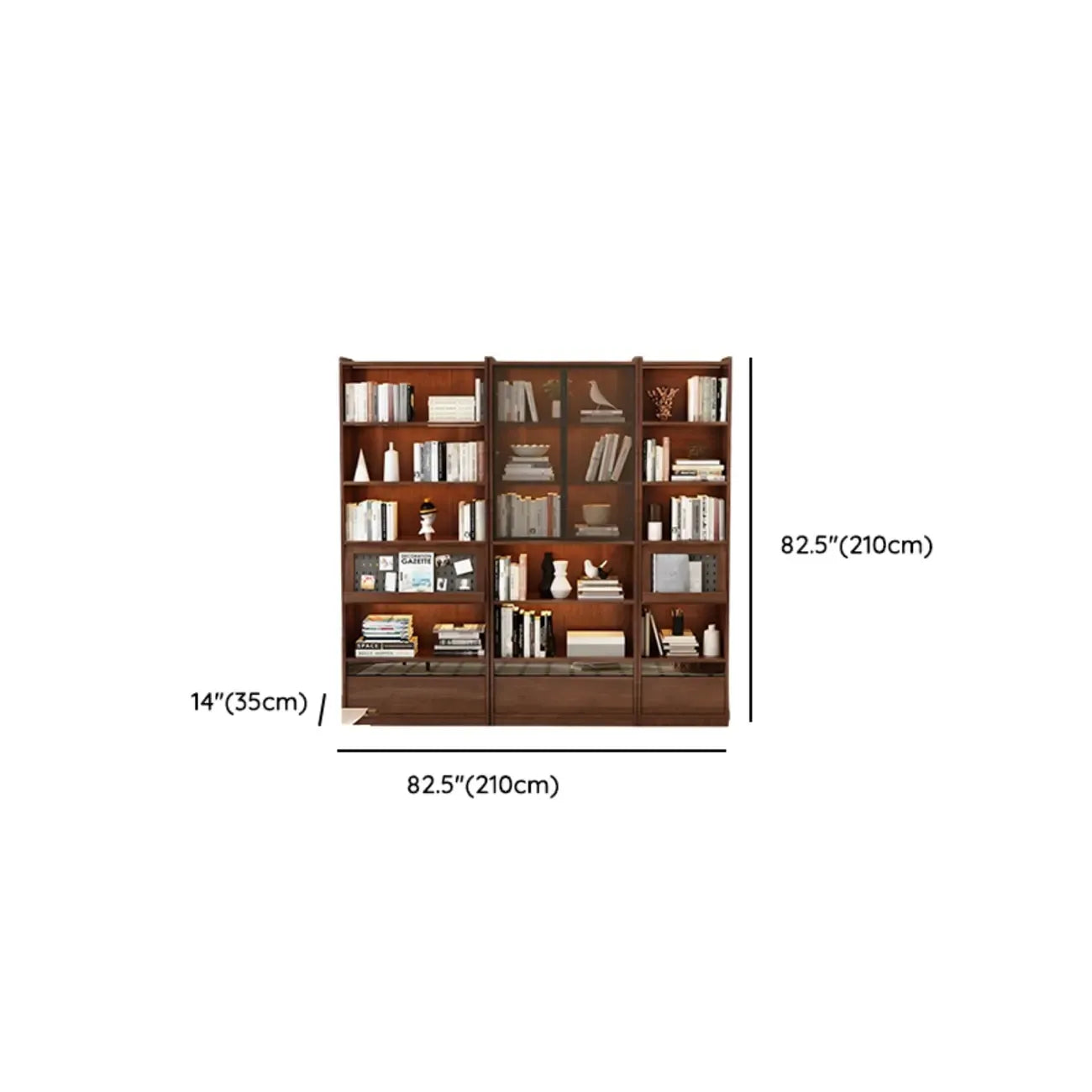 Bibliothèque verticale haute en bois brun de style milieu du siècle avec tiroirs