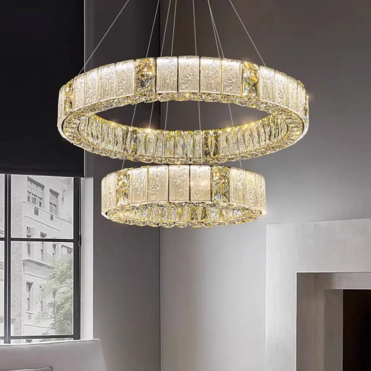 Lustre moderne linéaire en cristal circulaire doré
