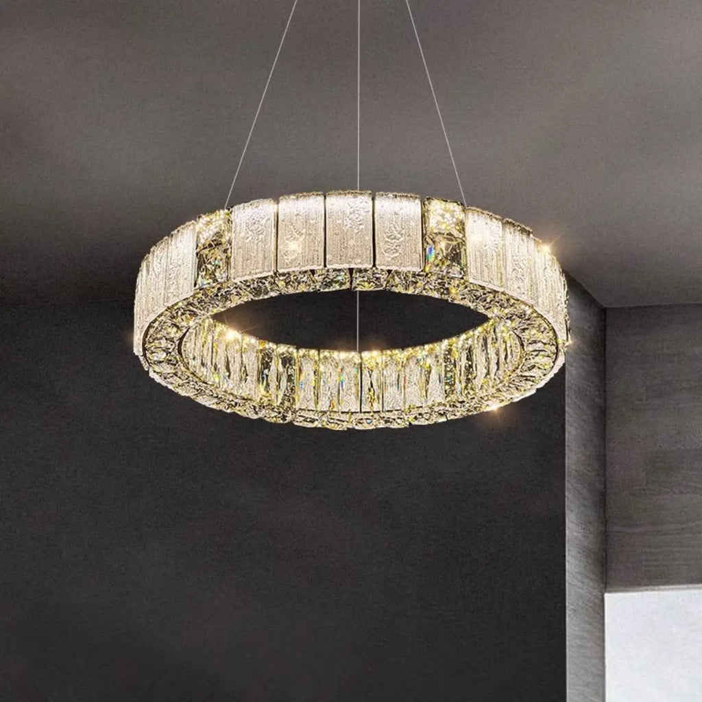 Lustre moderne linéaire en cristal circulaire doré