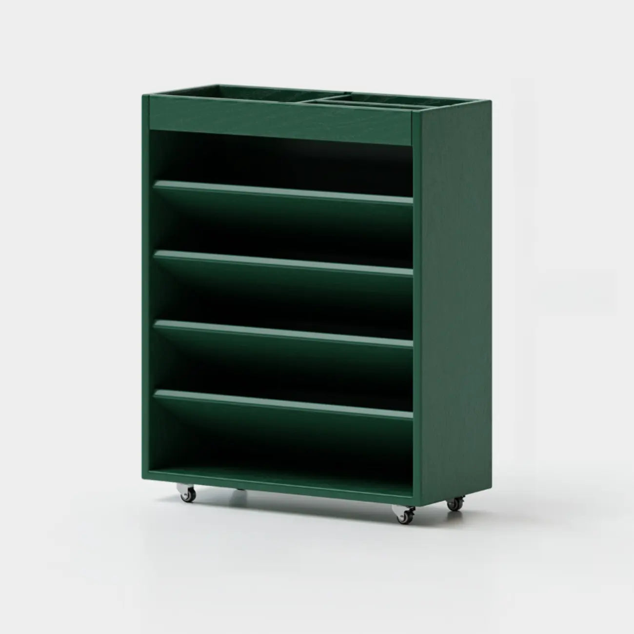 Libreria verticale a 5 ripiani in legno di caucciù con ruote