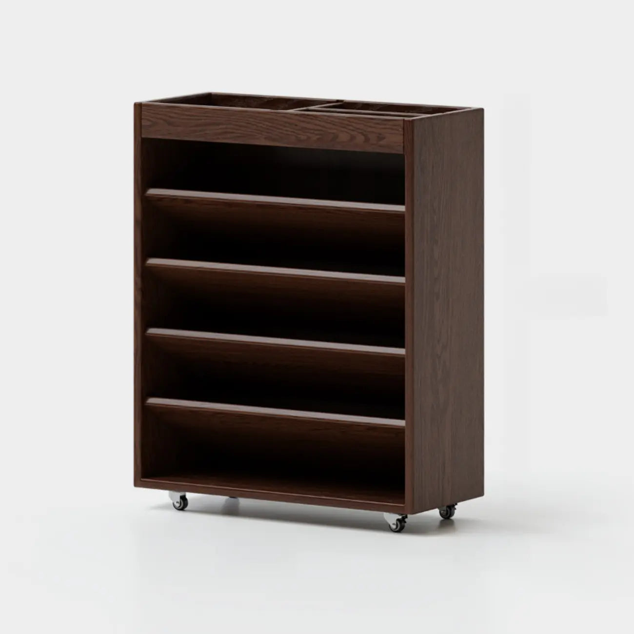 Libreria verticale a 5 ripiani in legno di caucciù con ruote