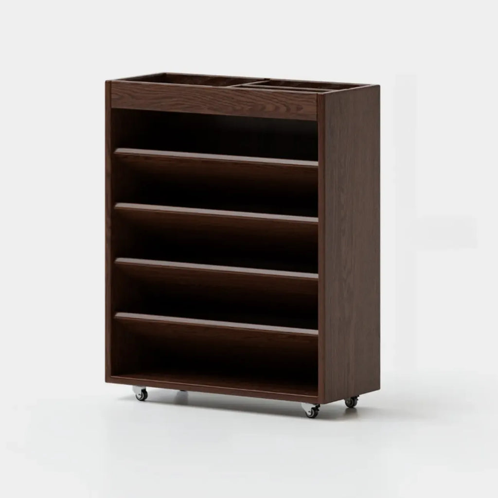 Libreria verticale a 5 ripiani in legno di caucciù con ruote