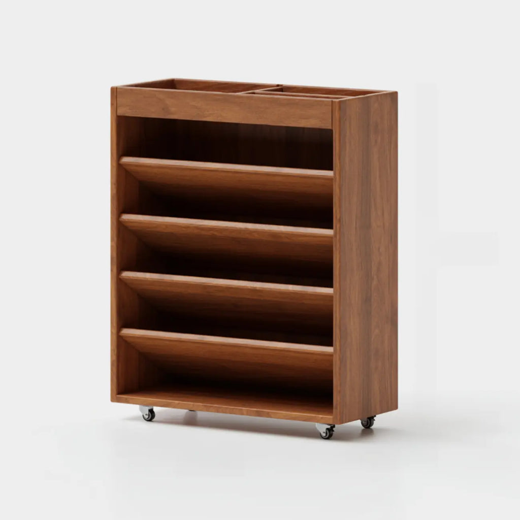 Libreria verticale a 5 ripiani in legno di caucciù con ruote