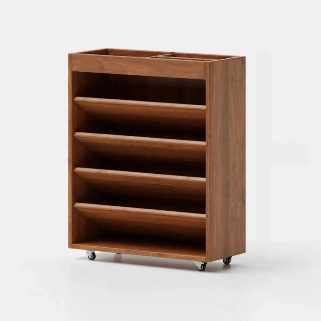 Libreria verticale a 5 ripiani in legno di caucciù con ruote