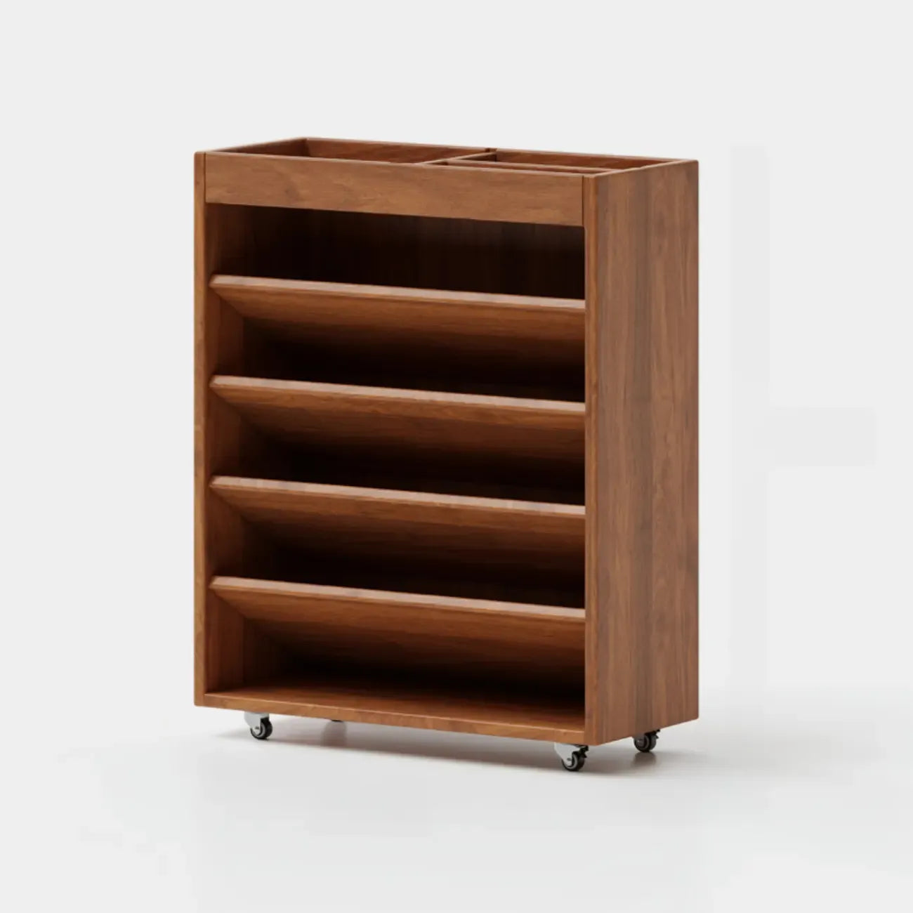Libreria verticale a 5 ripiani in legno di caucciù con ruote