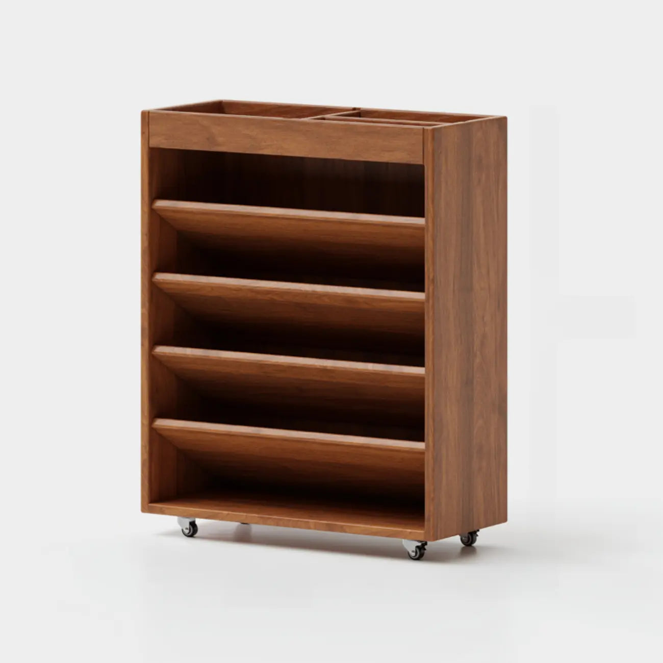 Libreria verticale a 5 ripiani in legno di caucciù con ruote