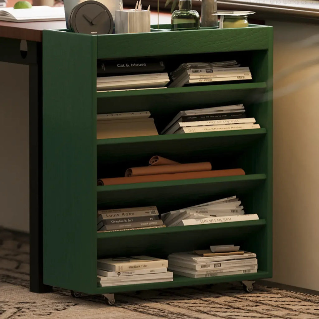 Libreria verticale a 5 ripiani in legno di caucciù con ruote