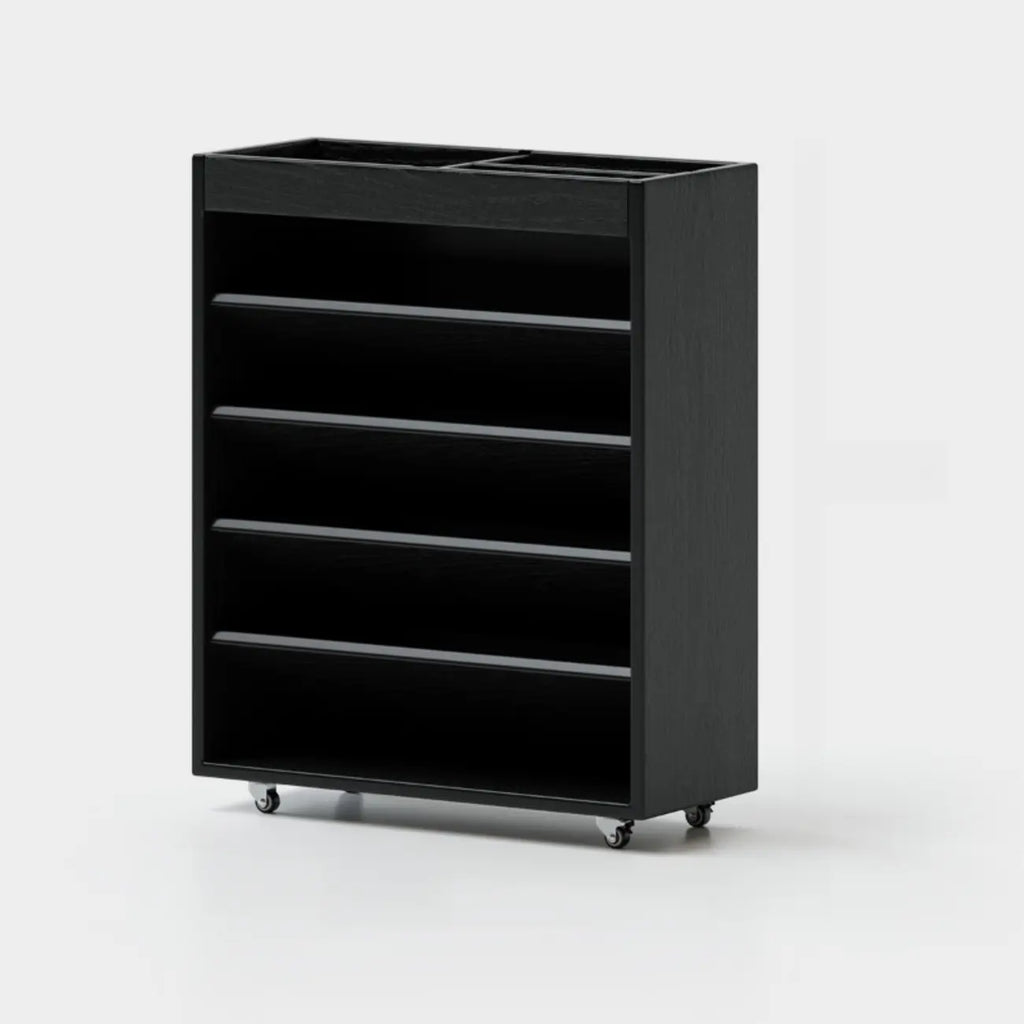 Libreria verticale a 5 ripiani in legno di caucciù con ruote