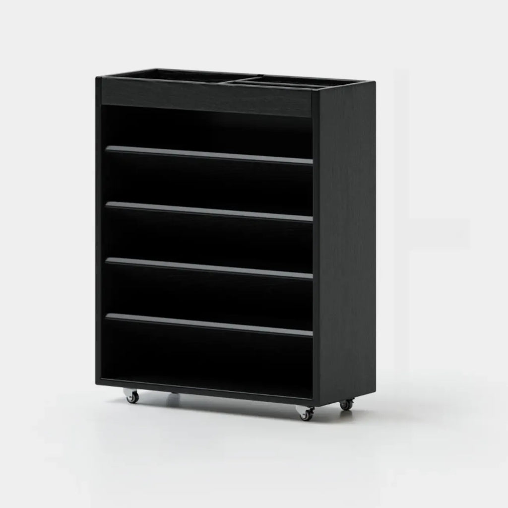 Libreria verticale a 5 ripiani in legno di caucciù con ruote