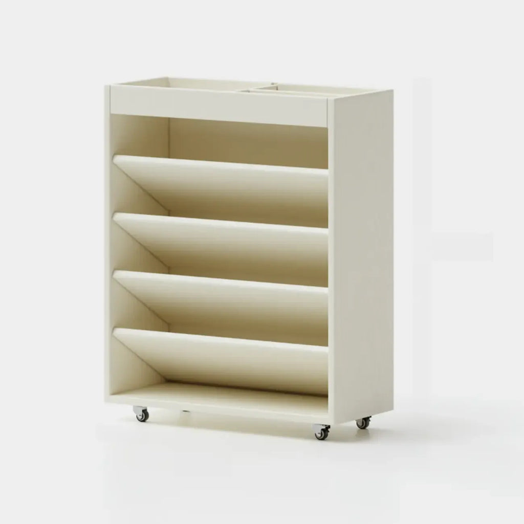 Libreria verticale a 5 ripiani in legno di caucciù con ruote