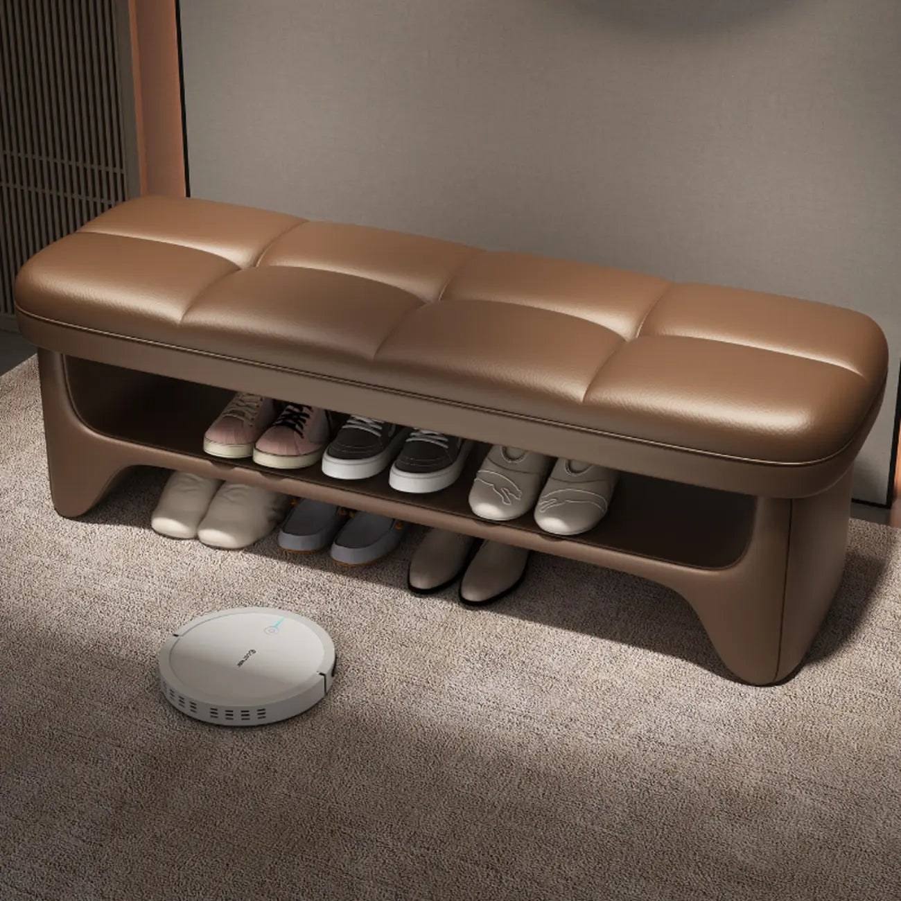 Banc d'entrée moderne rembourré, de couleur unie, avec rangement