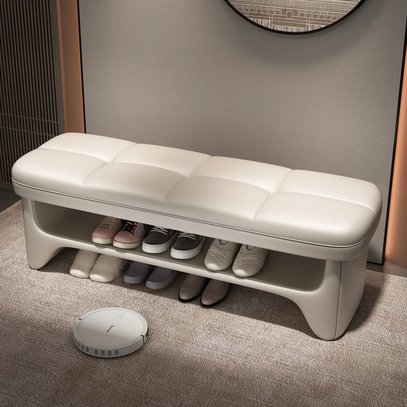 Banc d'entrée moderne rembourré, de couleur unie, avec rangement
