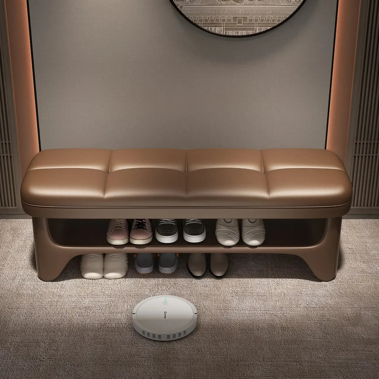 Banc d'entrée moderne rembourré, de couleur unie, avec rangement