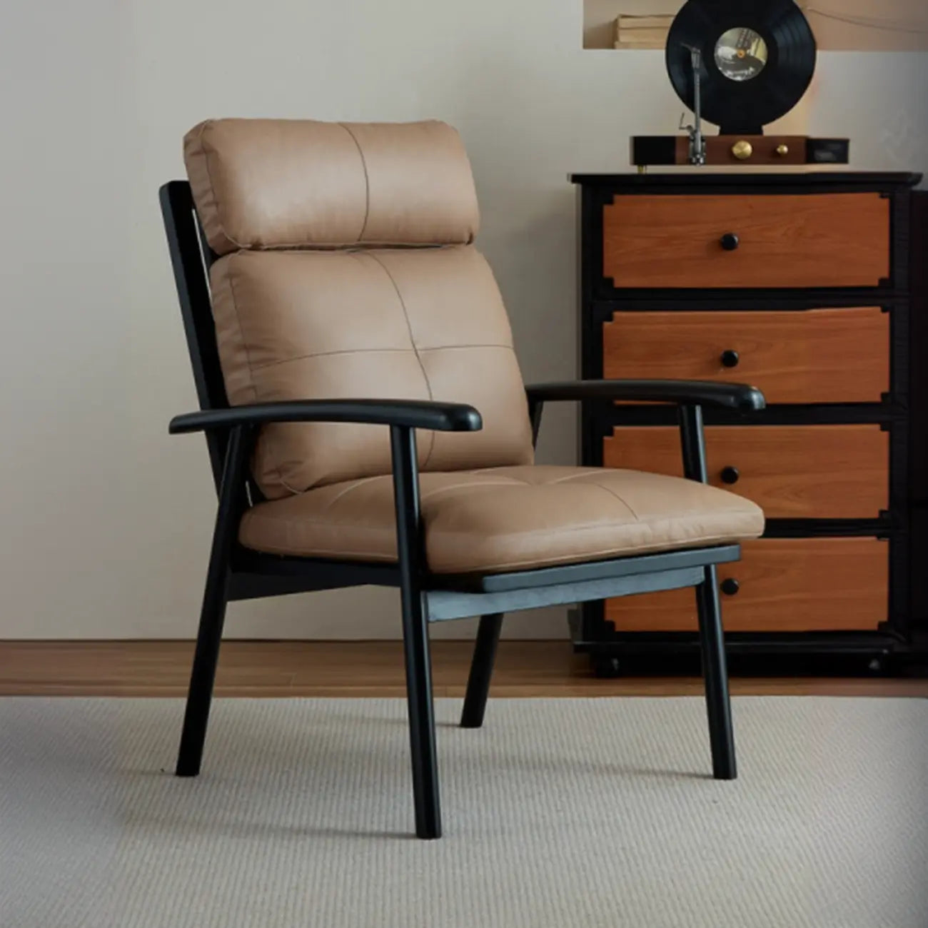 Fauteuil contemporain en cuir véritable marron rembourré