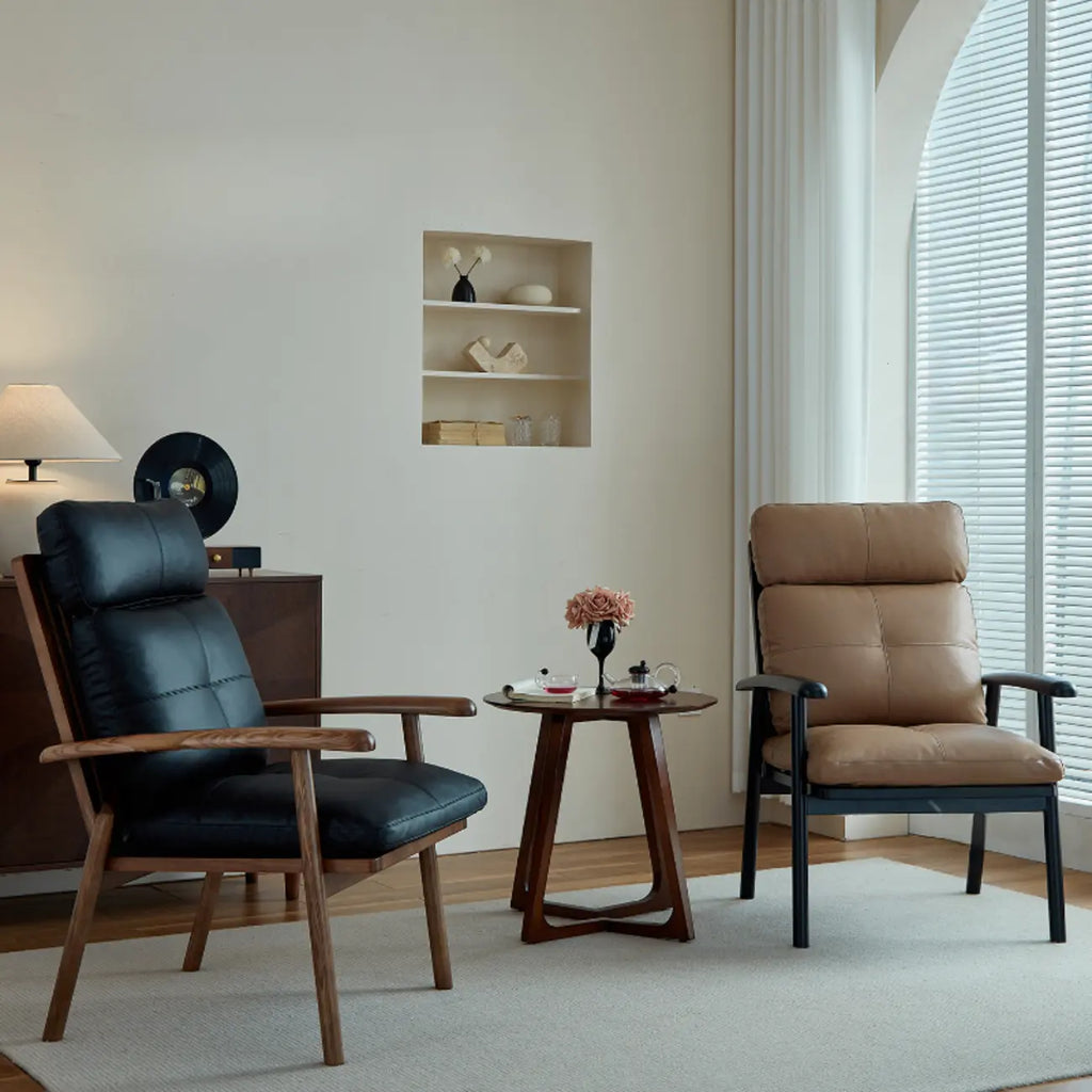 Fauteuil contemporain en cuir véritable marron rembourré
