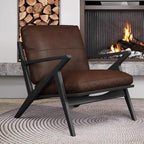 Fauteuil d'appoint marron en cuir véritable avec dossier haut et accoudoirs
