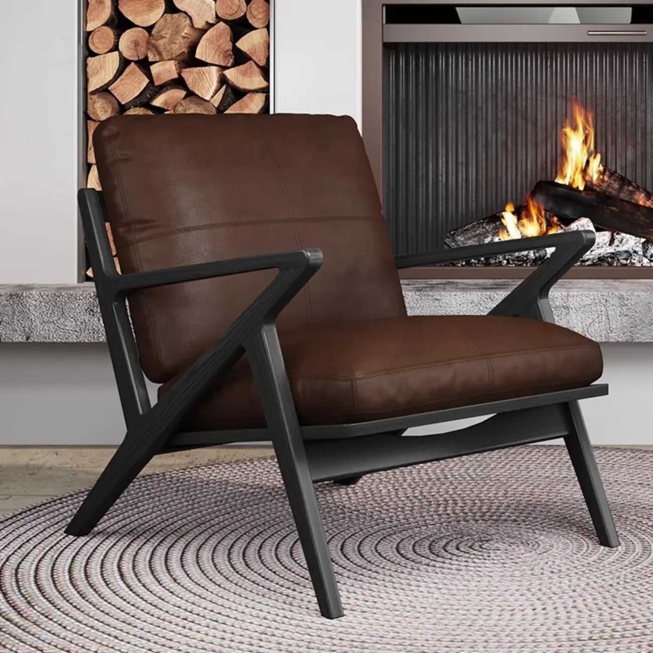 Fauteuil d'appoint marron en cuir véritable avec dossier haut et accoudoirs