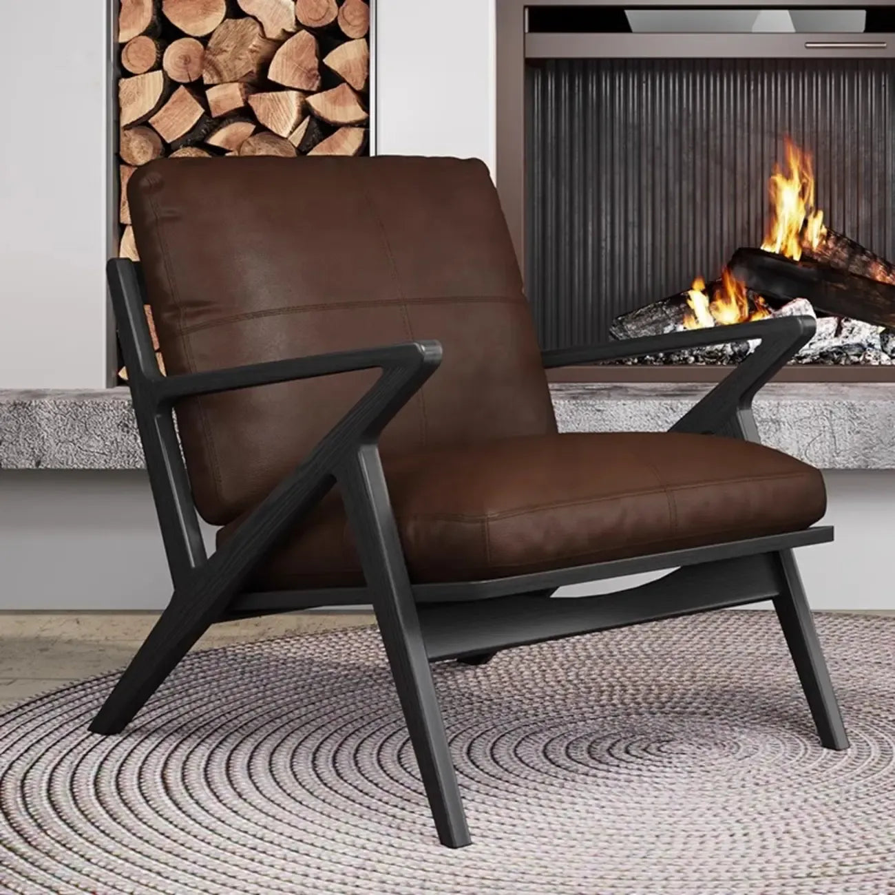 Fauteuil d'appoint marron en cuir véritable avec dossier haut et accoudoirs