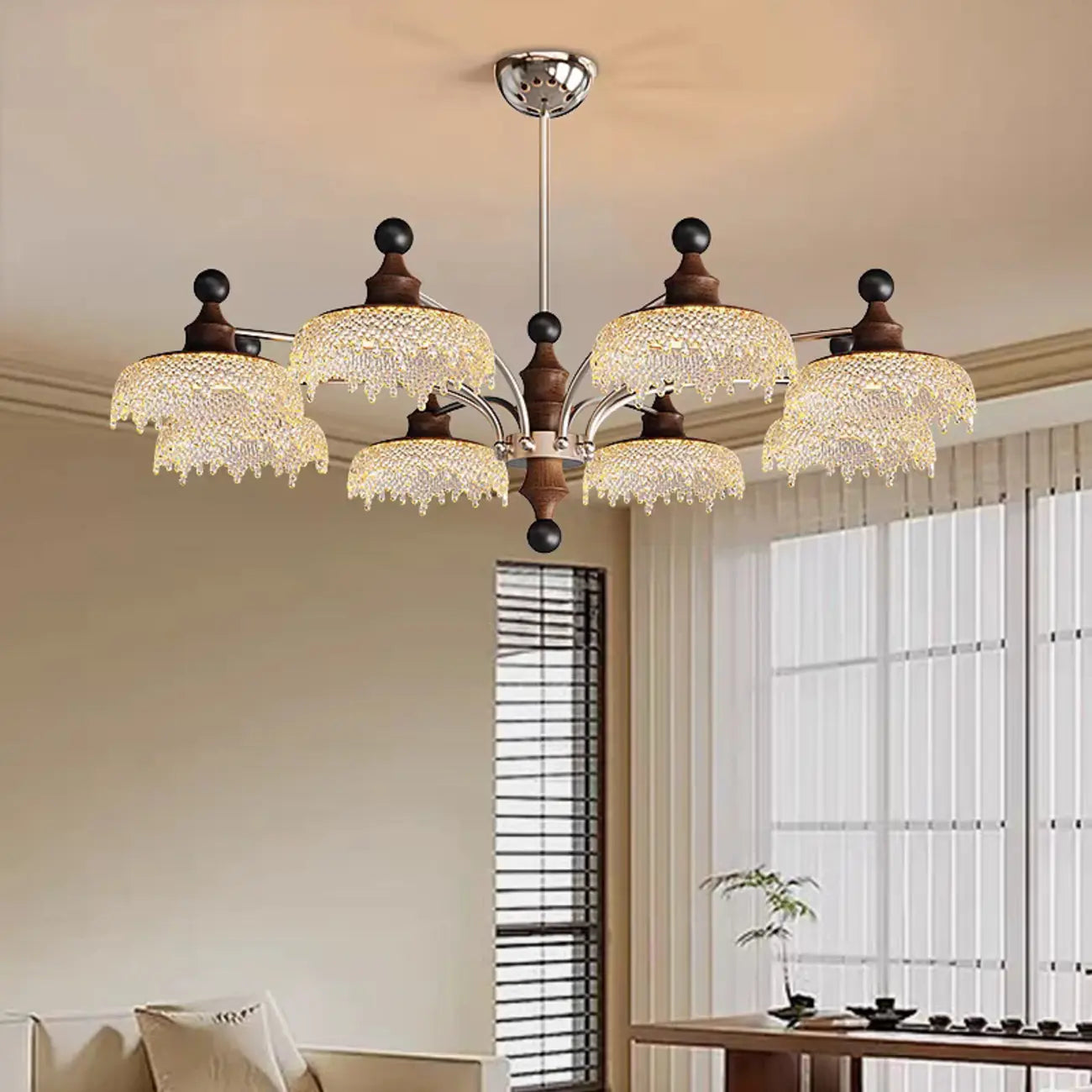 Lustre moderne en cristal noir et cristal, branche en bois.