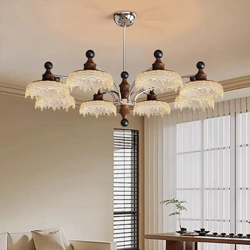 Lustre moderne en cristal noir et cristal, branche en bois.