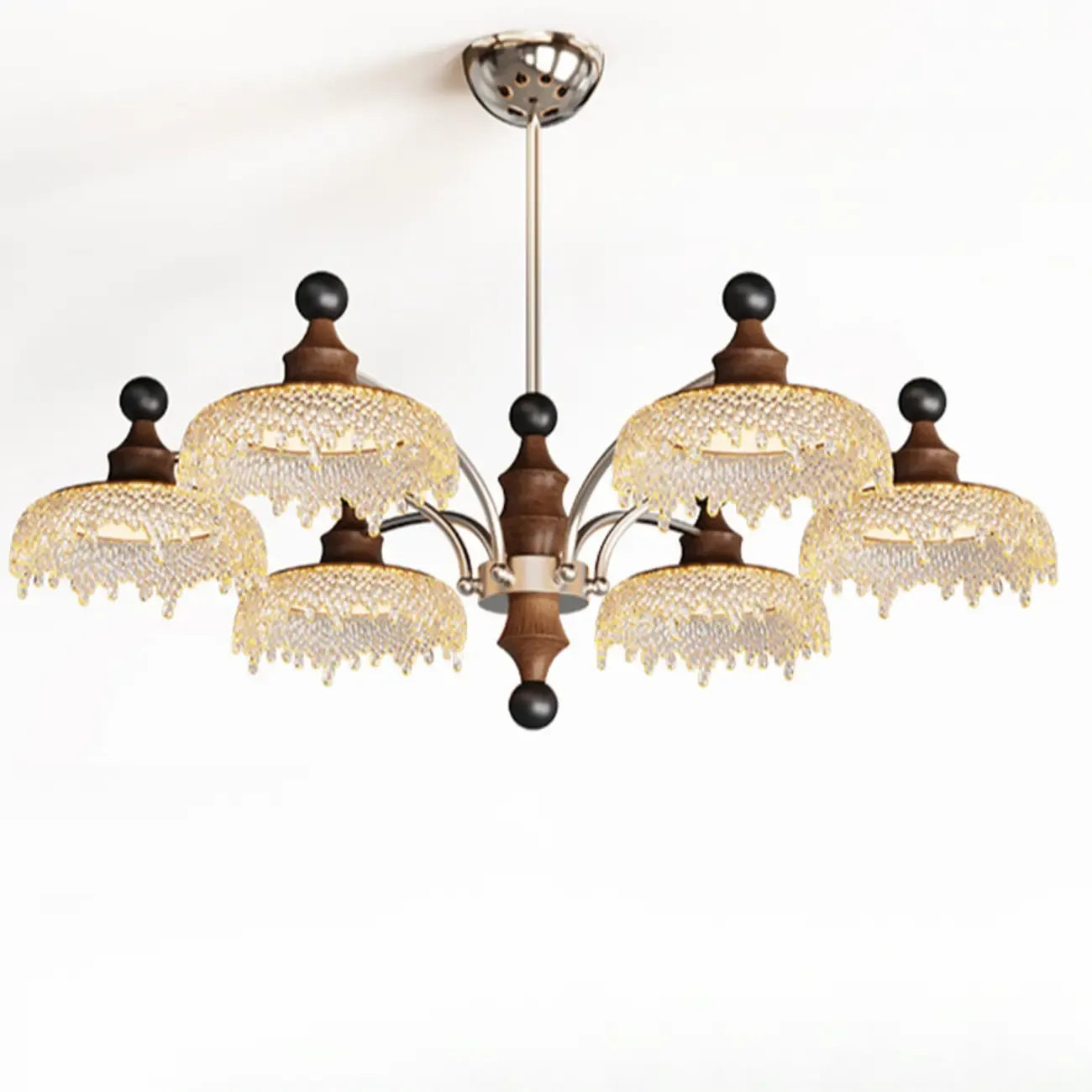 Lustre moderne en cristal noir et cristal, branche en bois.
