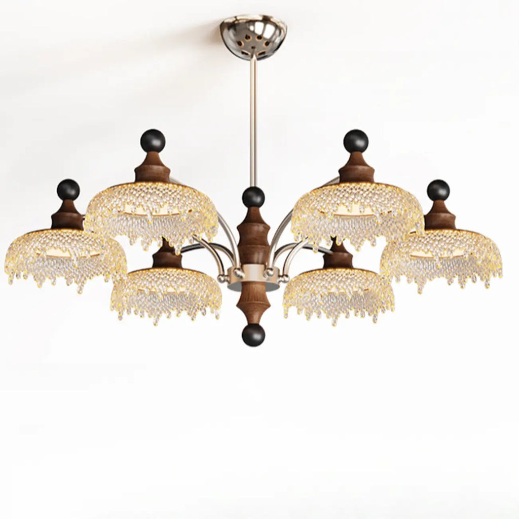 Lustre moderne en cristal noir et cristal, branche en bois.
