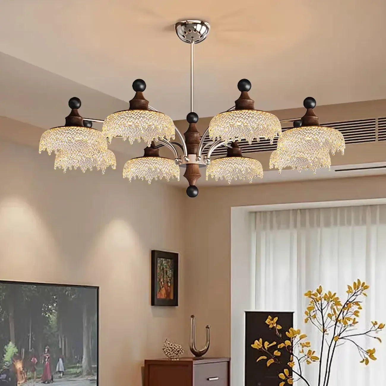 Lustre moderne en cristal noir et cristal, branche en bois.