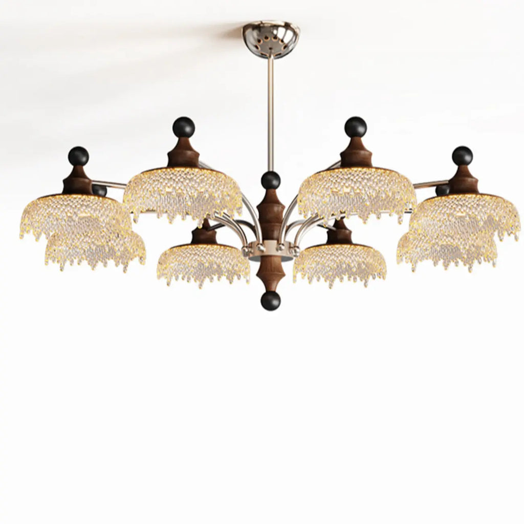 Lustre moderne en cristal noir et cristal, branche en bois.
