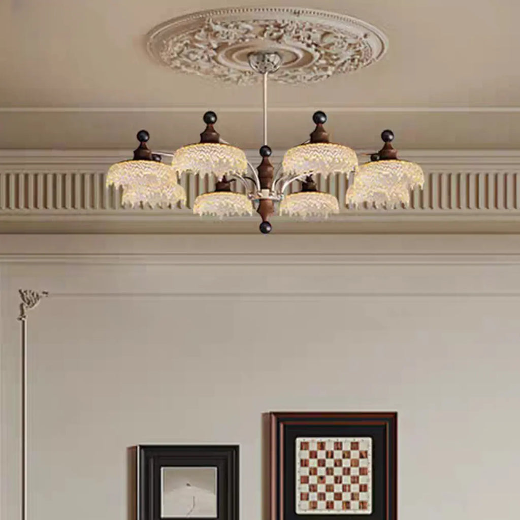 Lustre moderne en cristal noir et cristal, branche en bois.