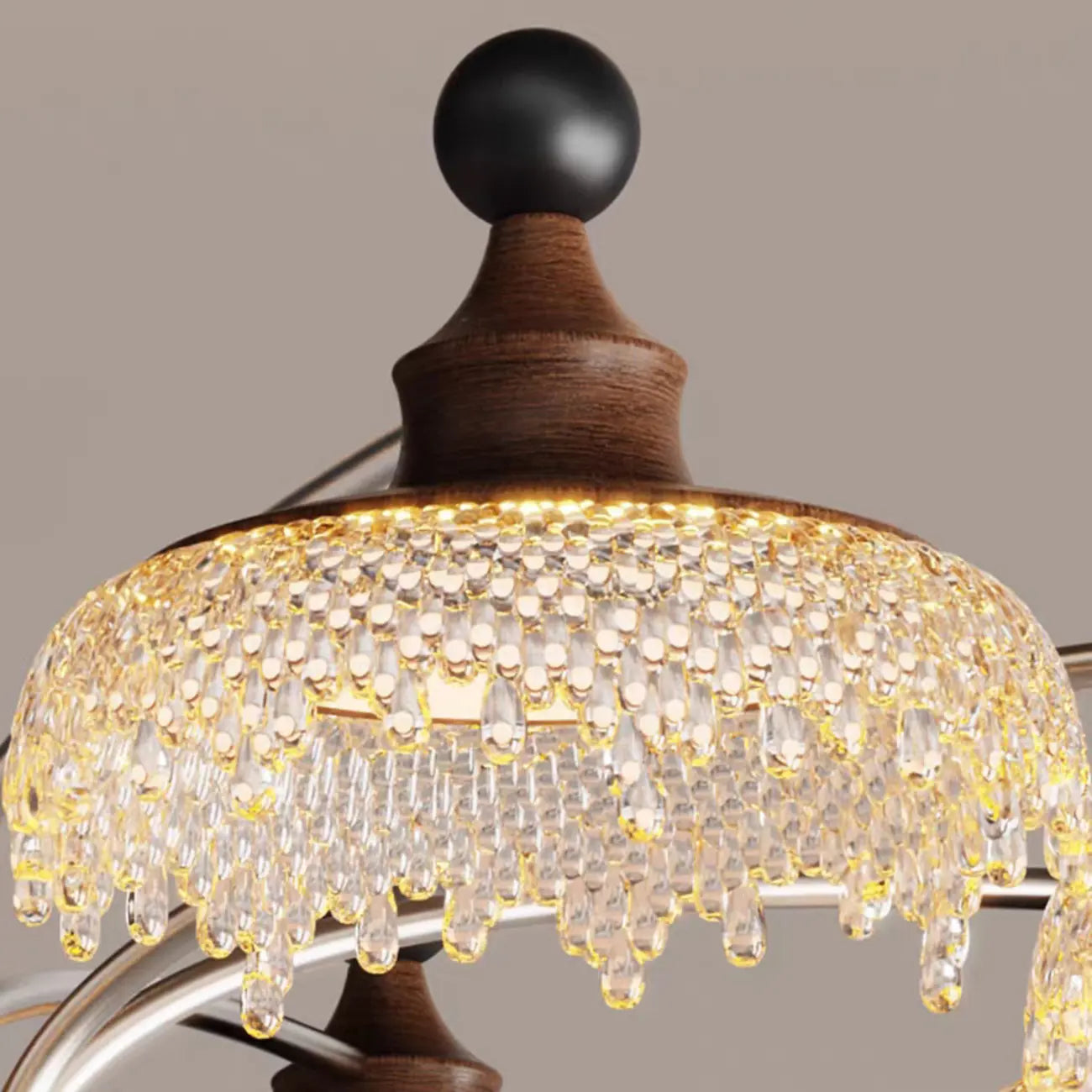 Lustre moderne en cristal noir et cristal, branche en bois.