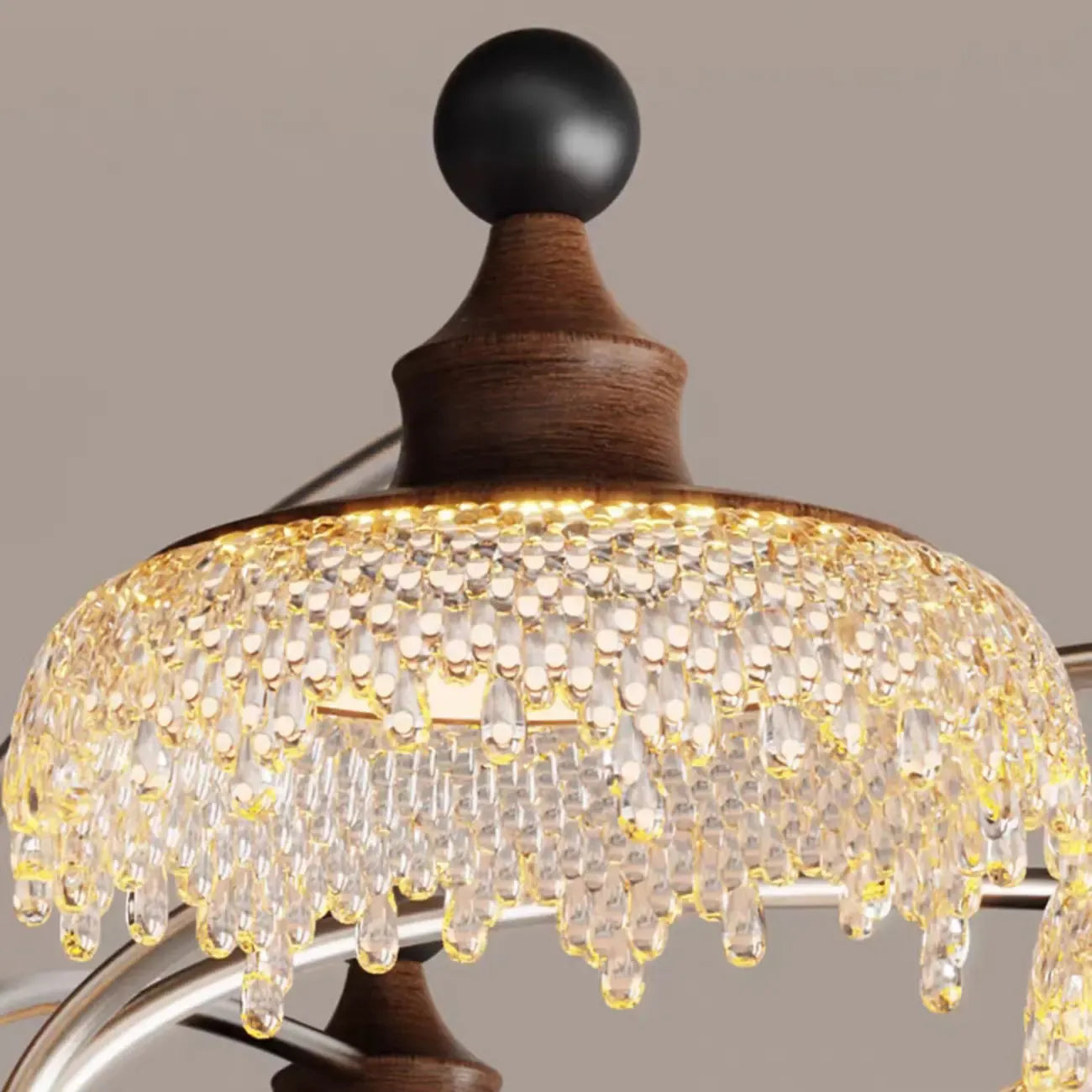 Lustre moderne en cristal noir et cristal, branche en bois.