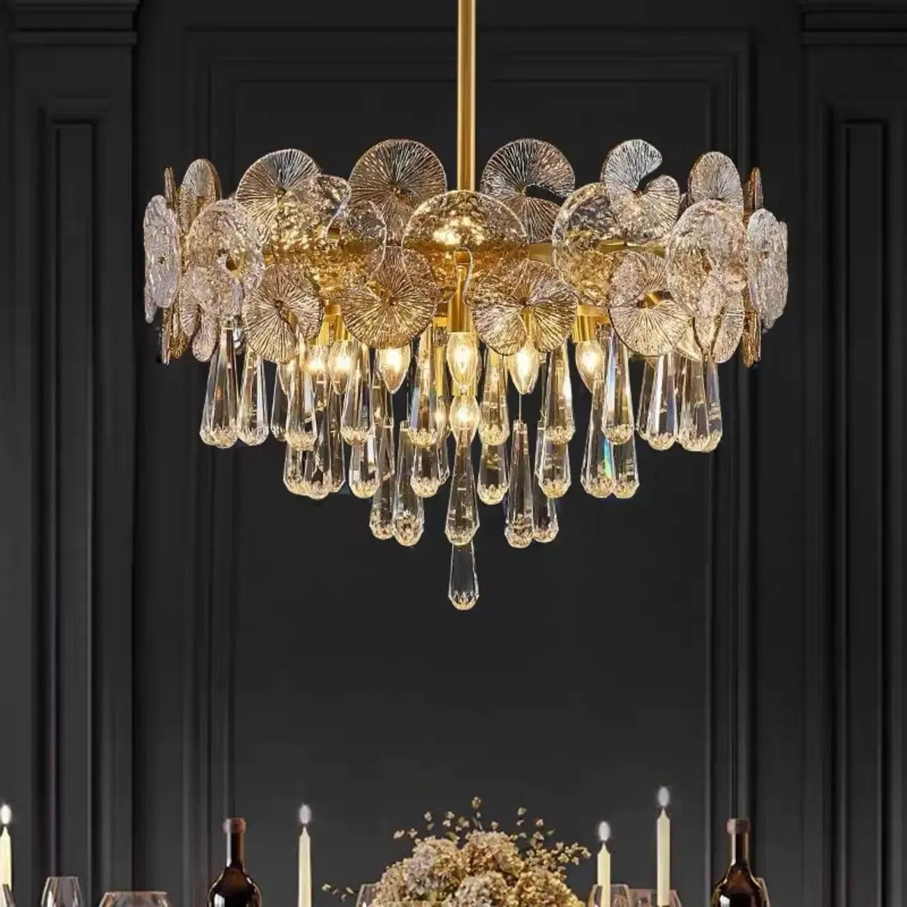 Lustre moderne floral en verre cristal doré