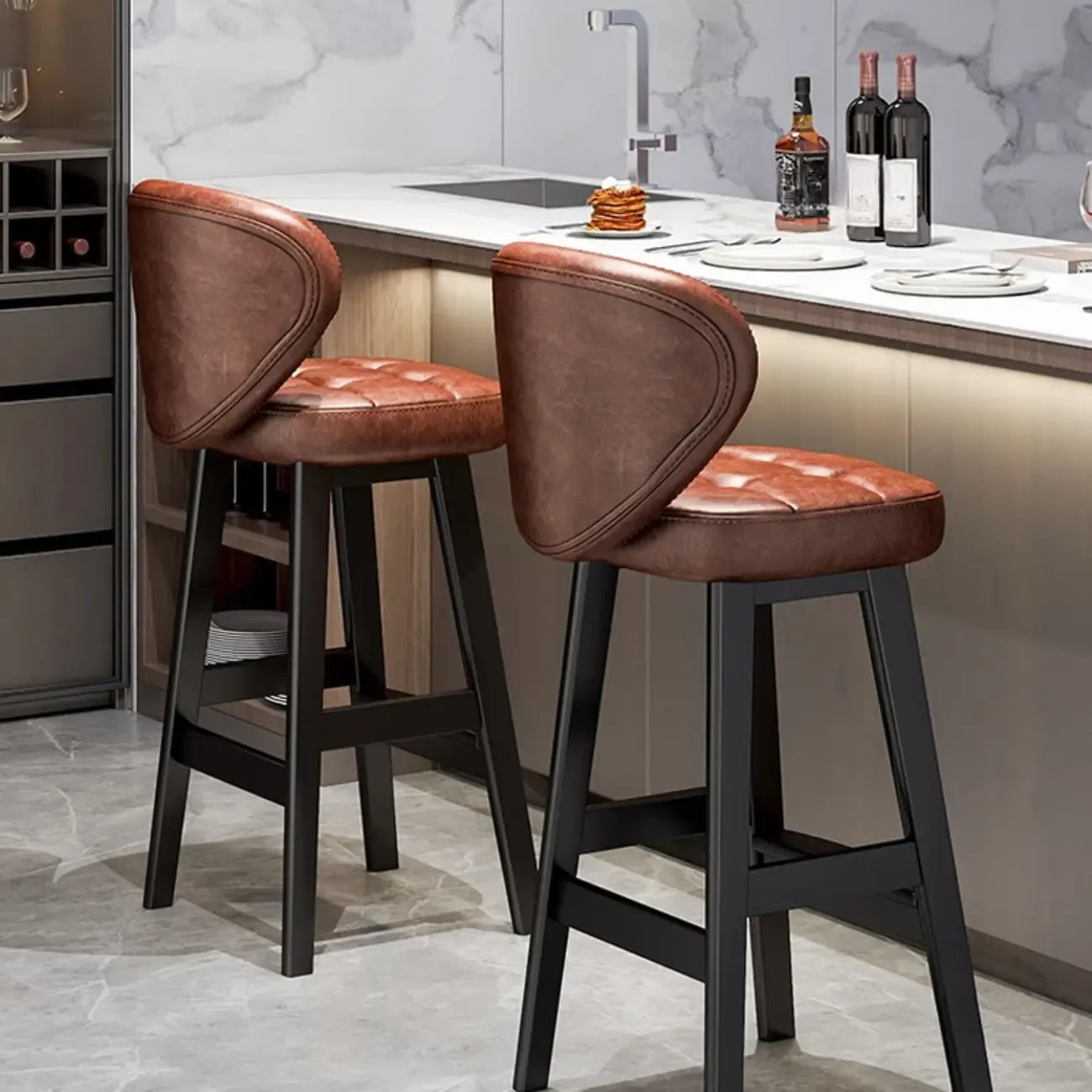 Tabourets de bar décontractés en cuir brut couleur cognac, avec dossier quadrilatéral, assise et repose-jambes.