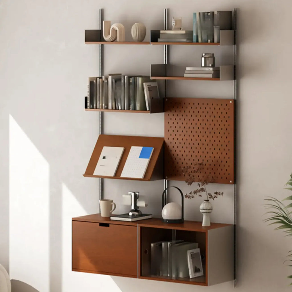 Sistema modulare di mensole a parete Mid-Century Modern, libreria in noce con pannello forato