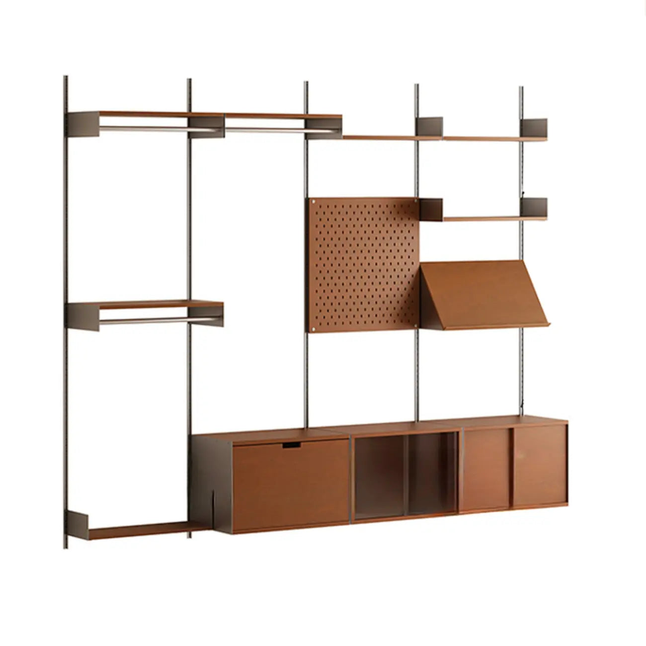 Sistema modulare di mensole a parete Mid-Century Modern, libreria in noce con pannello forato