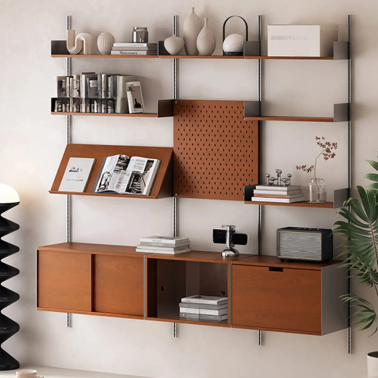 Sistema modulare di mensole a parete Mid-Century Modern, libreria in noce con pannello forato