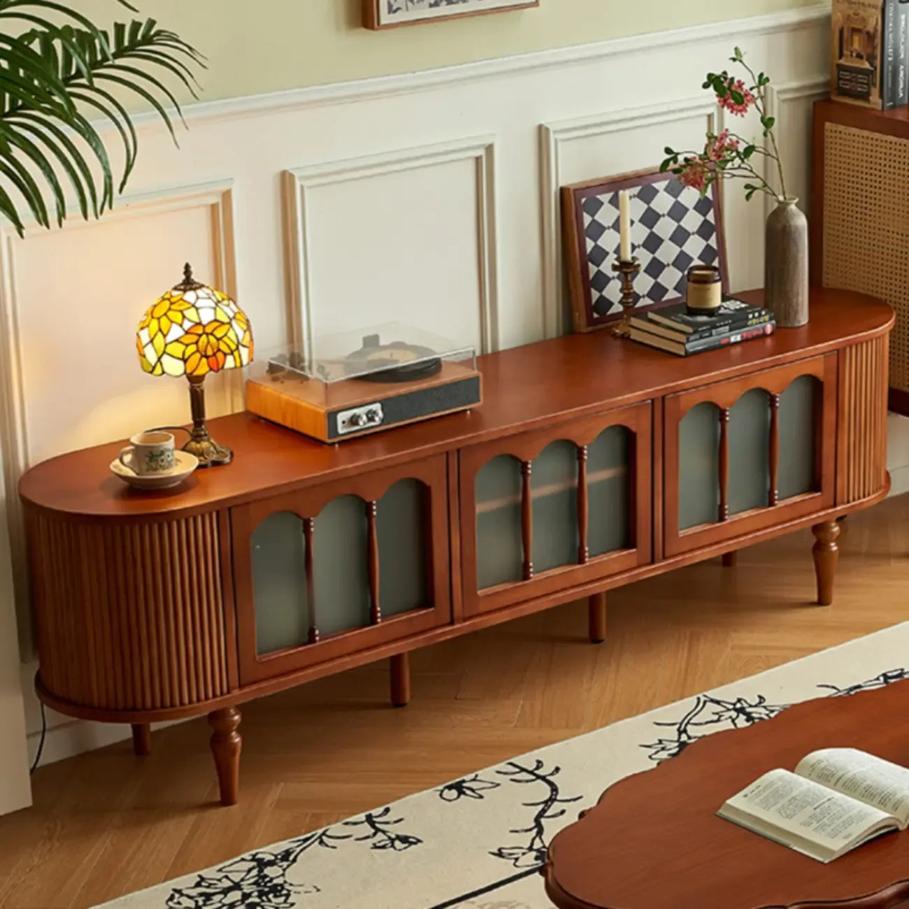 Meuble TV Art Déco moderne en bois avec gestion des câbles